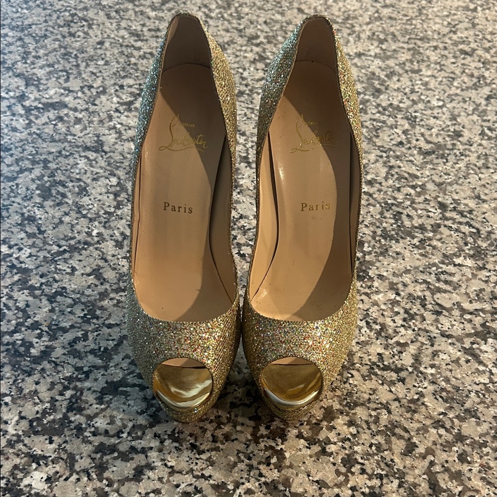 Christian Louboutin Glittering Gold Peep-Toe Heels